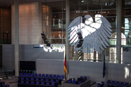 BERLIN, GERMANY - JUNE 8: Interior of Reichstag (German parliament) on June 8, 2013 in Berlin, Germany. After moving of Bundestag in 1999 building of Reichstag was visited by over 13 mil. people from all over world.のeditorial素材