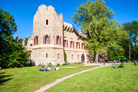 LEDNICE, CZECH REPUBLIC - MAY 10: Romantic artificial ruined castle Januv hrad in southern Moravia, Czech Republic on May 10, 2014.のeditorial素材