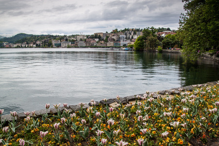 Park next to lake at Lugano (Parco civico), Switzerlandの写真素材