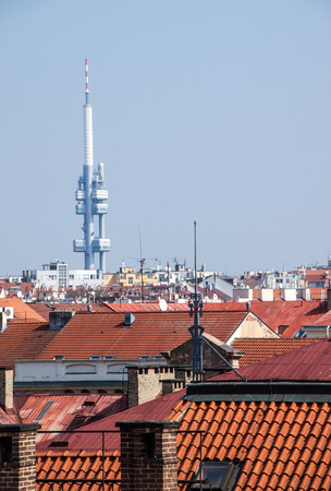 Roofs of Prague and Zizkov television tower, Czech Republicの写真素材