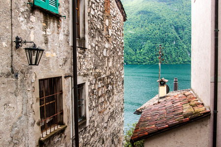 View of a picturesque Gandria village at the coast of Lugano lake, Switzerlandの写真素材