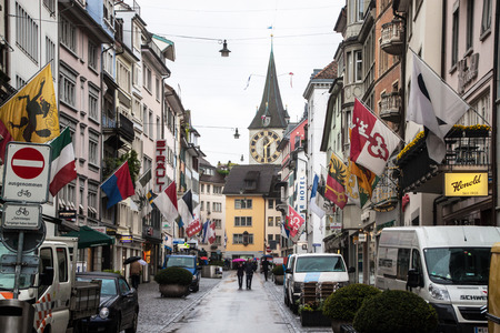ZURICH - APRIL 28: View of a street on April 28, 2014 in Zurich, Switzerland. Zurich is the largest city in Switzerland and the capital of the canton of Zurich.のeditorial素材