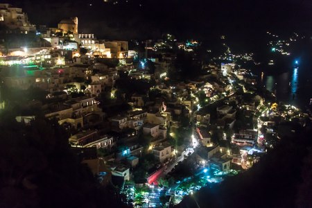 Night view of a village Positano at Amalfi coast, Italyの写真素材