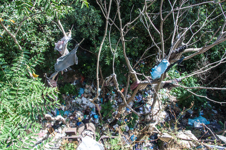 Garbage in a park in Naples, Italyの写真素材