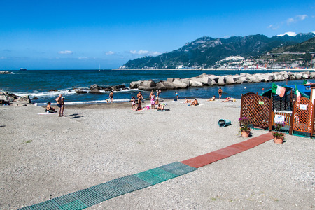 SALERNO, ITALY - JUNE 30, 2014: People sunbath in Salerno, Italy. Salerno was founded in 197 BC and is located on the Gulf of Salerno on the Tyrrhenian Sea.のeditorial素材