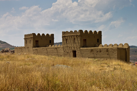 Reconstruction of a part of a fortification at ruins of old Hittite capital Hattusa, Turkeyの写真素材