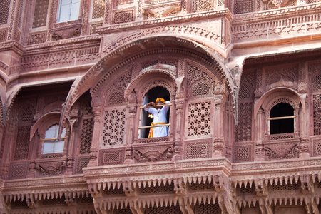 JODHPUR, INDIA - SEPTEMBER 12: Man in traditional clothing at Mehrangarh Fort on September 12, 2011 in Jodhpur, India. City is popular tourist destination because of sights and sunny weather.のeditorial素材