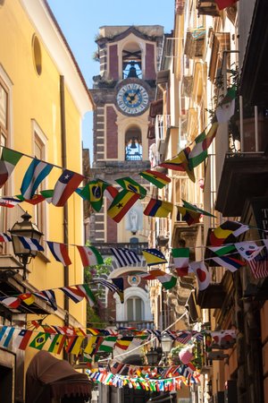 Street with flags in Sorrento, Italyのeditorial素材