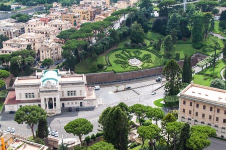 Aerial view of Vatican gardens and railway stationの写真素材