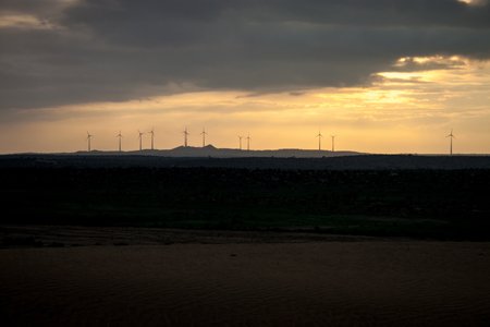 Wind power plants at Thar desert の写真素材