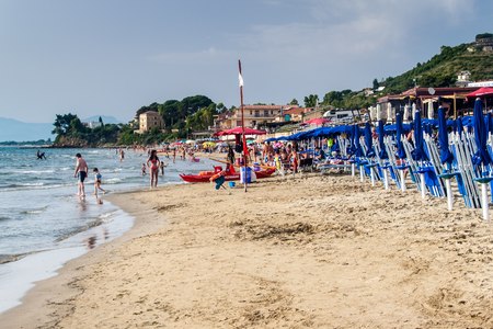 AGROPOLI, ITALY - JULY 29: View of a beach in Agropoli on July 29, 2014. Agropoli is a town in southern Italy with population 20,610.のeditorial素材