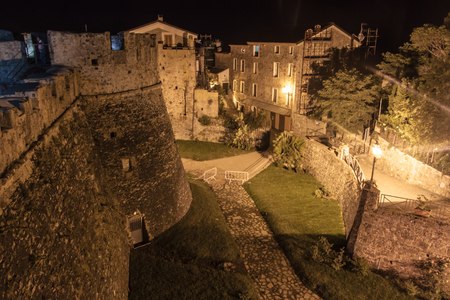 Night view of a castle in Agropoli, Italyの写真素材