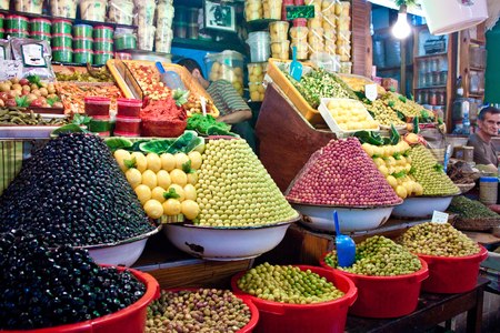 MEKNES, MOROCCO - JUL 28: Olive stall at a market on Jul 28, 2010 in Meknes, Morocco. Meknes is a 1000 years old imperial city in Morocco.のeditorial素材