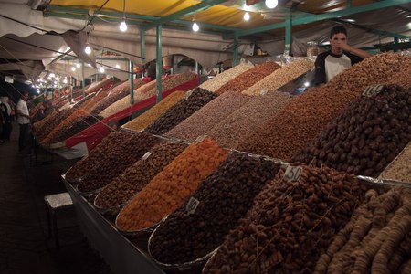 MARRAKESH, MOROCCO - AUG 7: Stalls with fruit at the Jema el Fna Square in Marrakesh on Aug 7, 2010 in Marrakesh, Morocco. The square is part of the UNESCO World Heritage.のeditorial素材
