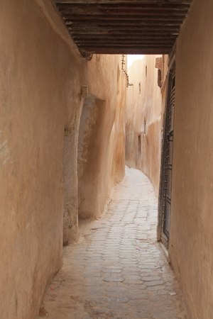 Narrow street in medina of Fez, Moroccoの写真素材