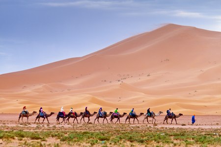ERG CHEBBI, MOROCCO - AUGUST 3: Camel caravan with tourists in the desert on August 3, 2010 in Erg Chebbi, Morocco. Erg Chebbi is part of Sahara desert.のeditorial素材