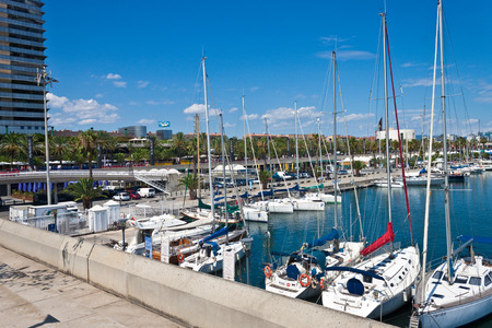 BARCELONA, SPAIN - AUGUST 15: Many yachts at Puerto Olimpico in Barcelona, Spain on August 15, 2010 in Barcelona, Spain.のeditorial素材