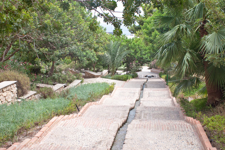 Gardens and fountains at fortress Alcazaba in Almeria, Spain