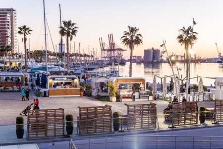 MALAGA, SPAIN - JAN 25, 2015: Evening view of a port in Malaga, Spainのeditorial素材