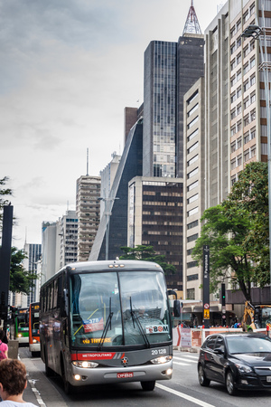SAO PAULO, BRAZIL - FEBRUARY 2, 2015: View of skyscrapers along Avenida Paulista in Sao Paulo, Brazilのeditorial素材