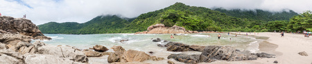 TRINDADE, BRAZIL - JANUARY 31, 2015: People enjoy Praia Meio beach in Trindade village near Paraty, Rio de Janeiro state, Brazil.のeditorial素材