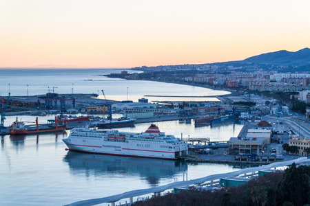 MALAGA, SPAIN - JAN 25, 2015: Evening aerial view of a port in Malaga, Spainのeditorial素材