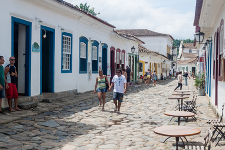 PARATY, BRAZIL - FEBRUARY 1, 2015: People walk in a narrow street an old colonial town Paraty, Brazilのeditorial素材