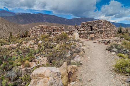 Ruins of pre-Columbian fortification Pucara near Tilcara village in Quebrada de Humahuaca valley, Argentinaの写真素材