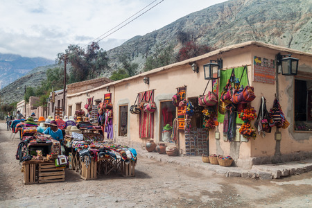 PURMAMARCA, ARGENTINA - APRIL 11, 2015: Traditional handmade products for sale on a market in Purmamarca village, Argentinaのeditorial素材