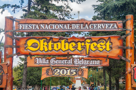 VILLA GENERAL BELGRANO, ARGENTINA - APR 3, 2015: Oktoberfest sign in Villa General Belgrano, Argentina. Village now serves as a Germany styled tourist sttraction.のeditorial素材