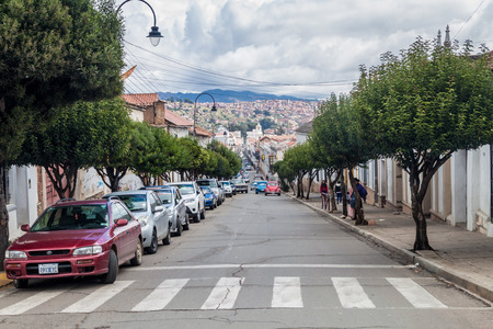 SUCRE, BOLIVIA - APRIL 22, 2015: Street in the white city Sucre, capital of Bolivia.のeditorial素材