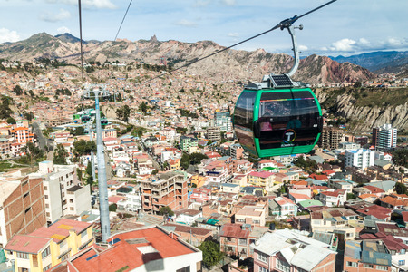 LA PAZ, BOLIVIA - APRIL 28, 2015: Aerial view of La Paz with Teleferico (Cable car)のeditorial素材