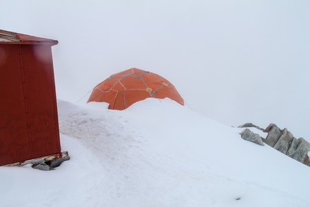 High camp of climbers under Huayna Potosi mountain in Bolivia