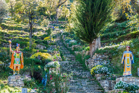 ISLA DEL SOL, BOLIVIA - MAY 12, 2015: Tourists on Inca stairway (Escalera del Inca) in Yumani village on Isla del Sol (Island of the Sun) in Titicaca lake, Boliviaのeditorial素材