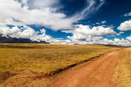 Road in cereal fields near Maras village, Sacred Valley, Peruの写真素材
