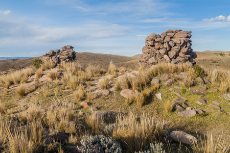 Ruins of funerary towers in Sillustani, Peruの写真素材