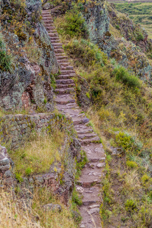 Narrow stairway at Pisac ruins, Peruの写真素材