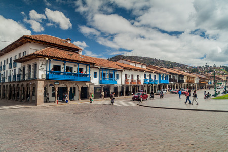 CUZCO, PERU - MAY 23, 2015: Colonial houses at Plaza de Armas square in Cuzco, Peru.