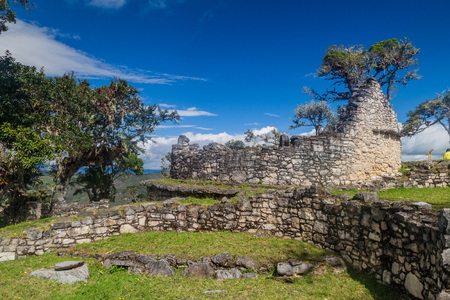 Ruins of round houses of Kuelap, ruined citadel city of Chachapoyas cloud forest culture in mountains of northern Peru.の写真素材