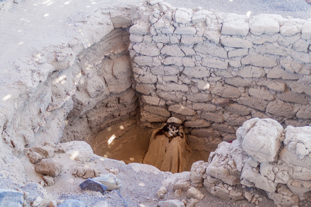 Preserved mummy in a tomb of Chauchilla cemetery in Nazca, Peruの写真素材