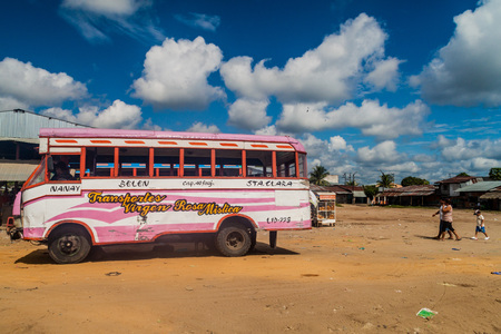 IQUITOS, PERU - JULY 19, 2015: Wooden bus stays on a bus terminal in Iquitos, Peruのeditorial素材