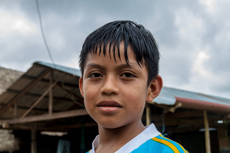 PANTOJA, PERU - JULY 10, 2015: Child living in small village Napo in amazonian jungle, Peruのeditorial素材