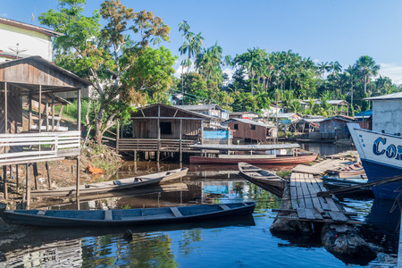 JUTAI, BRAZIL - JUNE 23, 2015: View of riverside buildings in Jutai town, Brazil.のeditorial素材