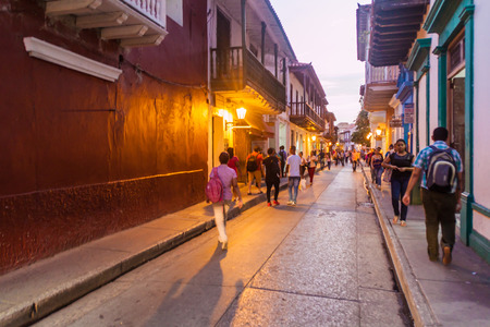 CARTAGENA DE INDIAS, COLOMBIA - AUG 27, 2015: People walk at the streets of Cartagena during evening.のeditorial素材