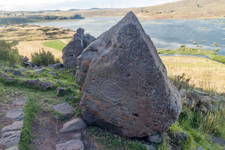 Stone carving at Sillustani ruins, Peruの写真素材