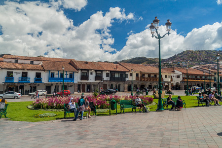 CUZCO, PERU - MAY 23, 2015:  Colonial houses lining Plaza de Armas square in Cuzco, Peru.のeditorial素材