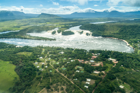 Aerial view of Canaima Lagoon waterfall at river Carrao in Venezuelaの写真素材