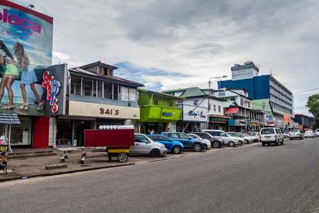 PARAMARIBO, SURINAME - AUGUST 5, 2015: View of a street in Paramaribo, capital of Suriname.のeditorial素材