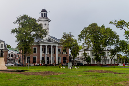 Historic buildings in the center of Paramaribo, capital of Suriname.のeditorial素材