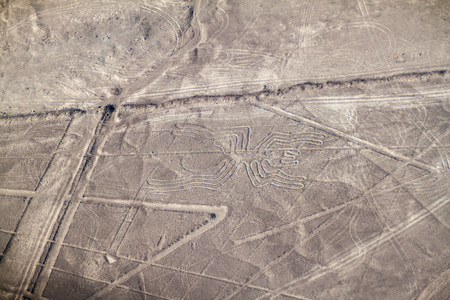 Aerial view of geoglyphs near Nazca - famous Nazca Lines, Peru. In the center, Spider figure is...